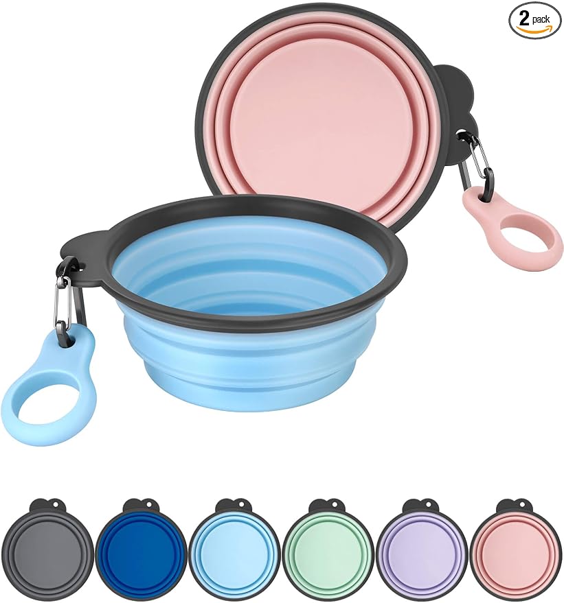 AONKEY 2 Pack Collapsible Dog Bowls with Bottle Carrier | Foldable Silicone Travel Bowls for Dogs | Small 15oz & Large 37oz