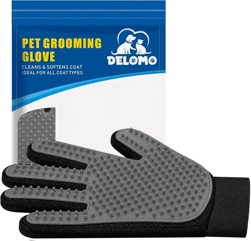 DELOMO Pet Hair Remover Glove – Five Finger Deshedding Grooming Glove for Dogs & Cats