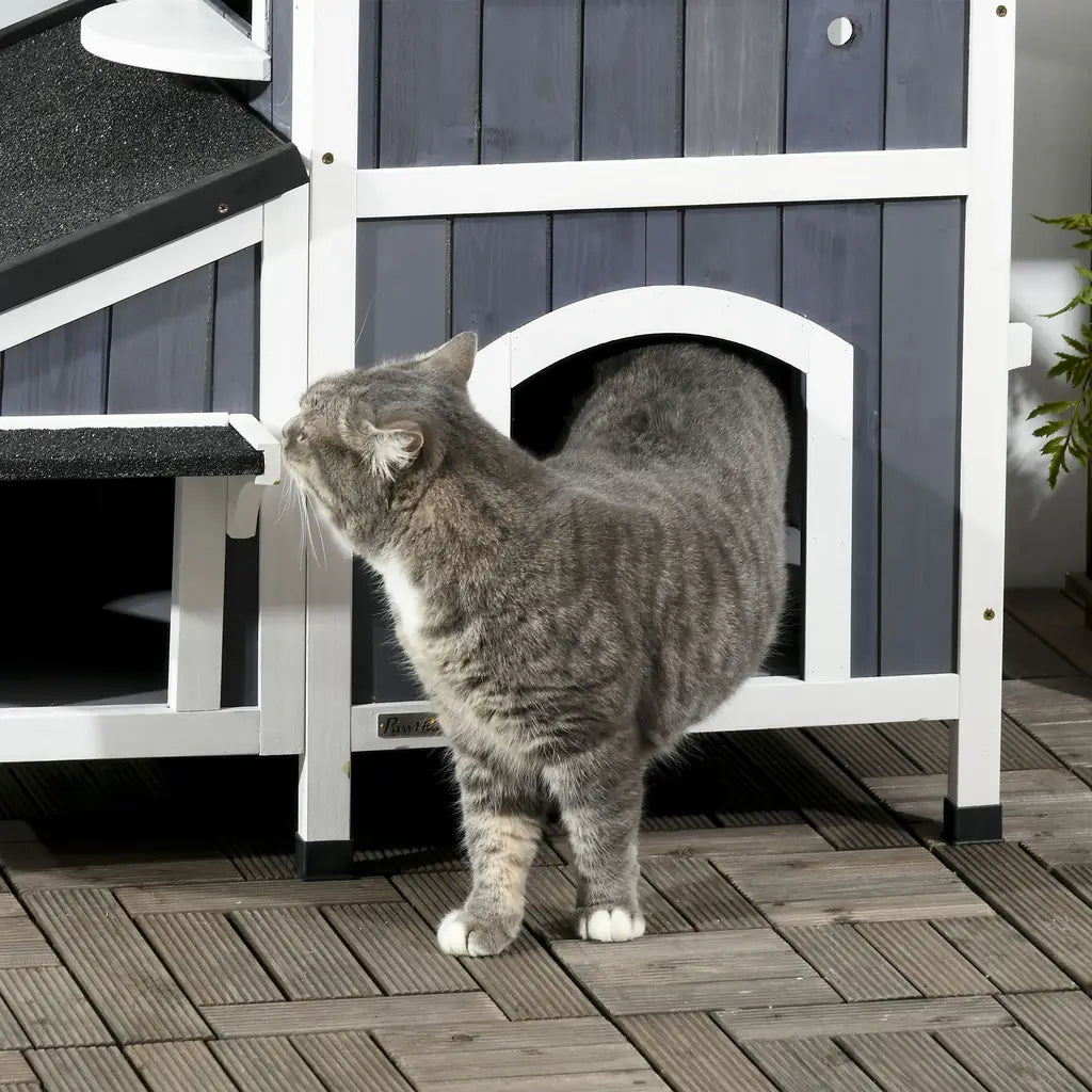 VEVOR Outdoor Cat House 2-story Wooden Feral Cat Shelter with Roof & Door Flaps