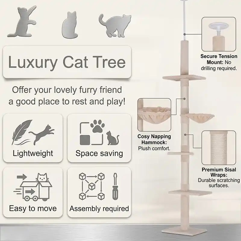 Floor-to-Ceiling Cat Tree – 5-Tier Climbing Tower with Sisal Posts