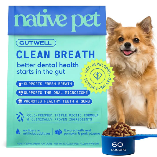 Native Pet GutWell | Dog Breath Freshener & Teeth Cleaning Powder | Triple-Biotic, Brown Algae & Zinc | 60 & 120 Scoops