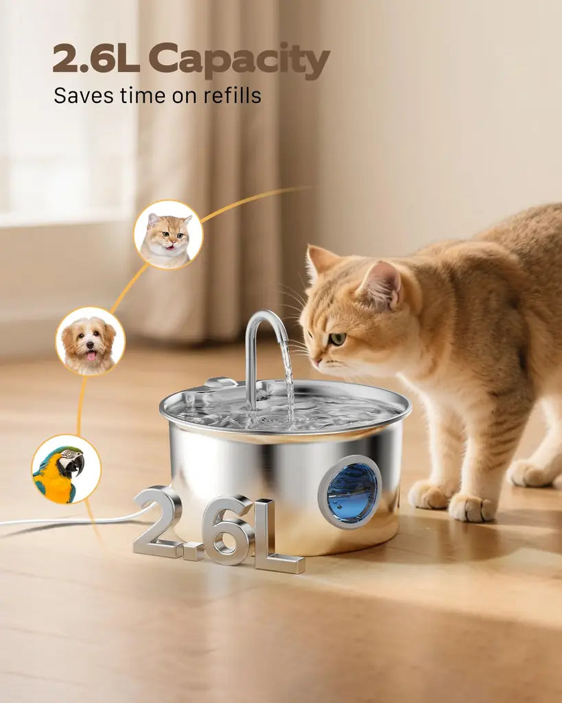 Best Cat Water Fountain for Picky Cats – 88oz Stainless Steel, LED Indicator, Quiet Pump, 4-Stage Filter