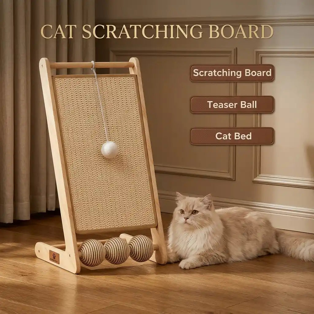 Cat Scratching Post with Sisal Rope & Teaser Balls – Wooden Frame Claw Care Toy