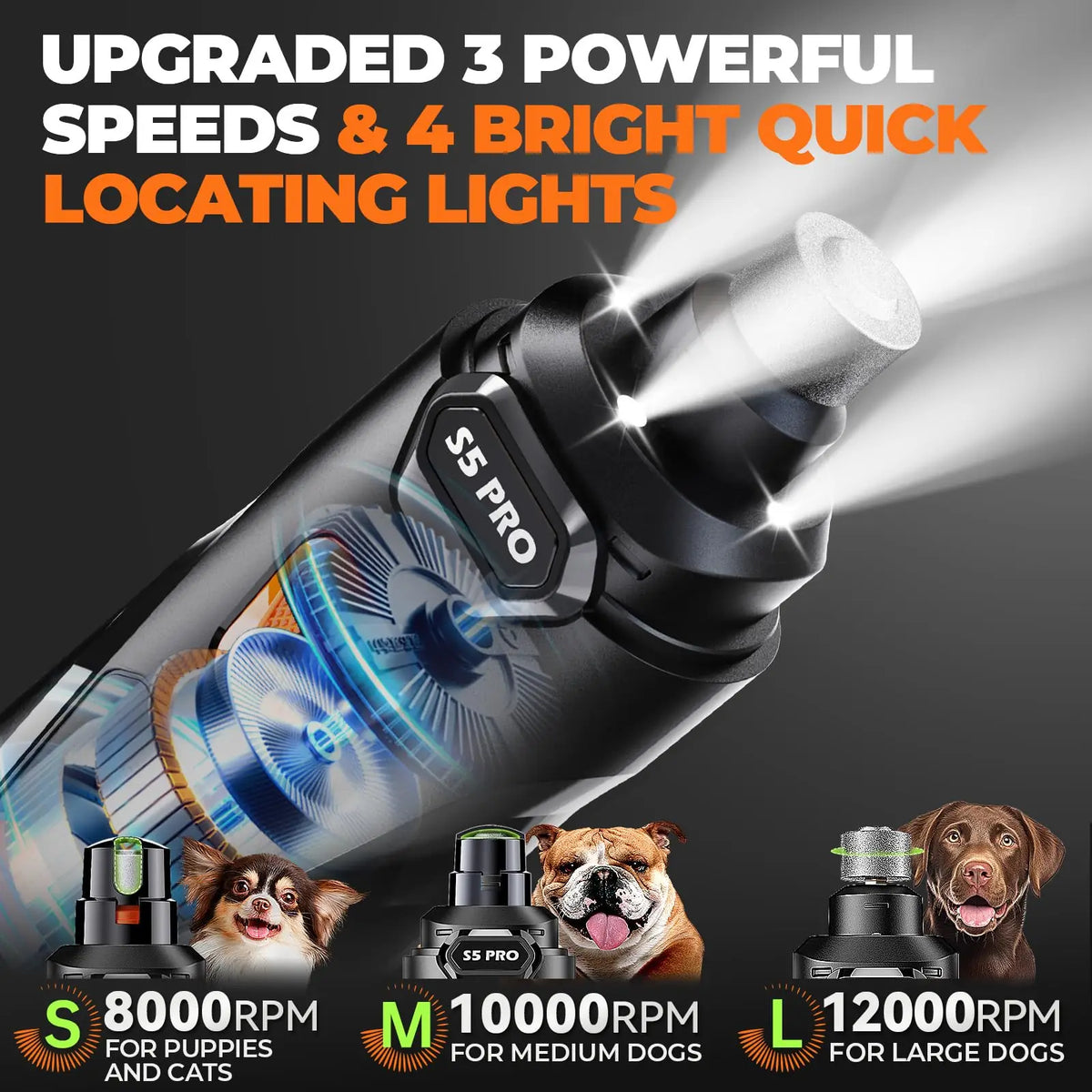 LED Dog Nail Grinder | 3-Speed Rechargeable Quiet Claw Trimmer