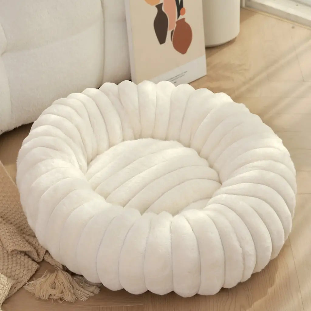 Striped Rabbit Plush Pet Bed – Round, Long-Hair, Winter Mat for Cats & Dogs