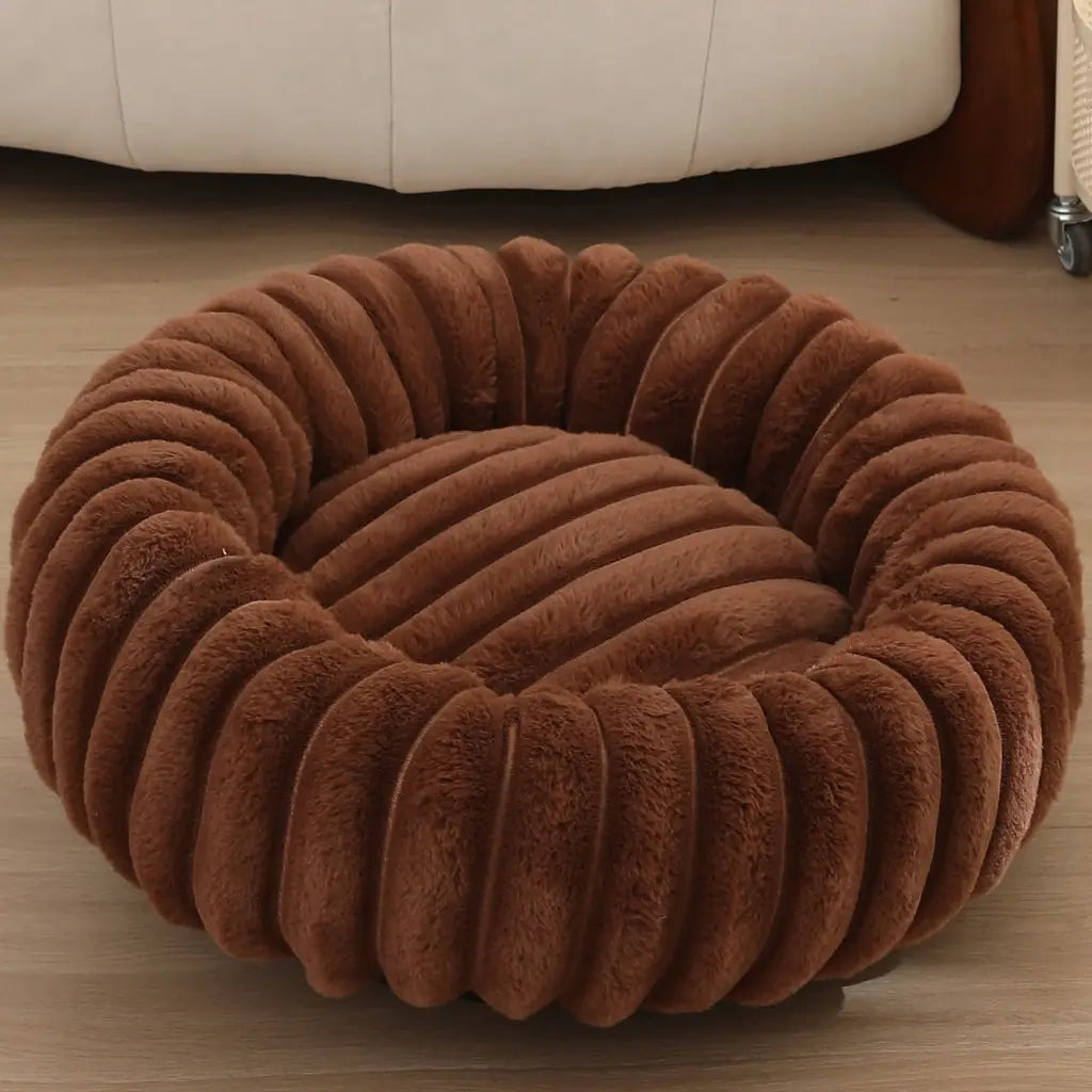 Striped Rabbit Plush Pet Bed – Round, Long-Hair, Winter Mat for Cats & Dogs