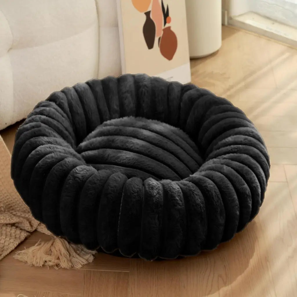 Striped Rabbit Plush Pet Bed – Round, Long-Hair, Winter Mat for Cats & Dogs