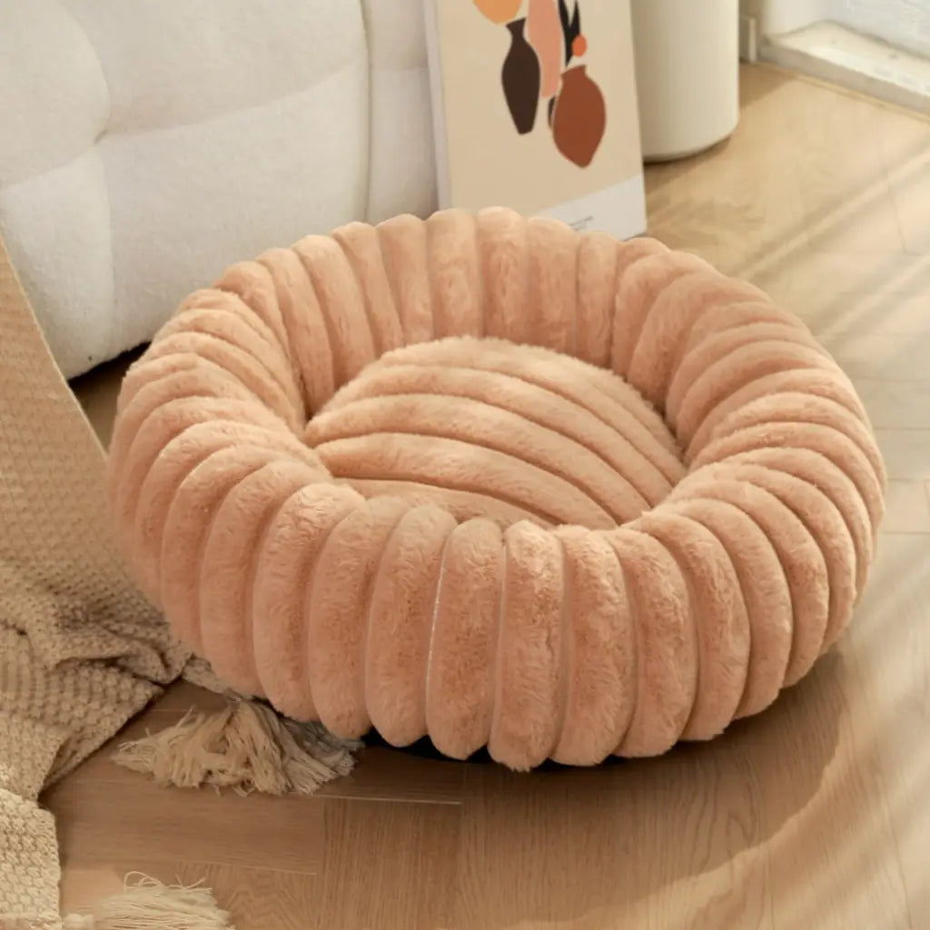 Striped Rabbit Plush Pet Bed – Round, Long-Hair, Winter Mat for Cats & Dogs
