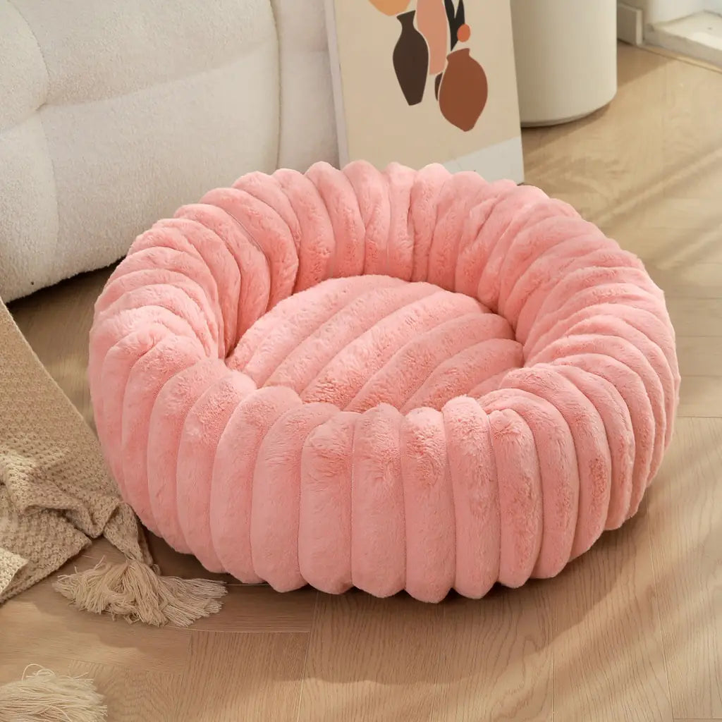 Striped Rabbit Plush Pet Bed – Round, Long-Hair, Winter Mat for Cats & Dogs