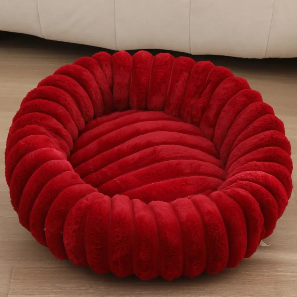 Striped Rabbit Plush Pet Bed – Round, Long-Hair, Winter Mat for Cats & Dogs