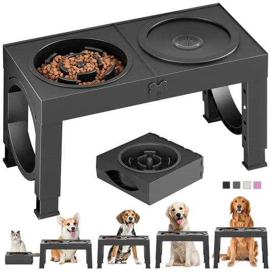 Elevated Dog Bowl Stand with Slow Feeder – 5 Adjustable Heights