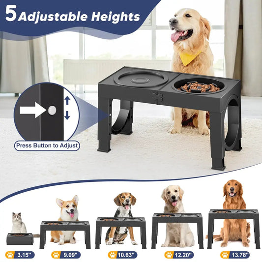 Elevated Dog Bowl Stand with Slow Feeder – 5 Adjustable Heights