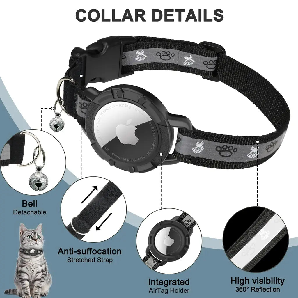 Reflective AirTag Cat Collar with Integrated Holder, Bell & Safety Elastic