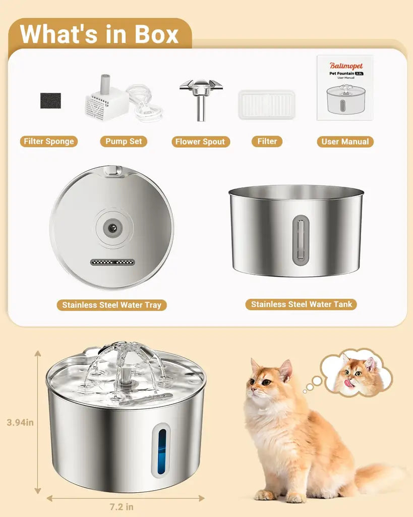 Cat Water Fountain Stainless Steel – 74oz, Quiet Pump, Healthy Hydration