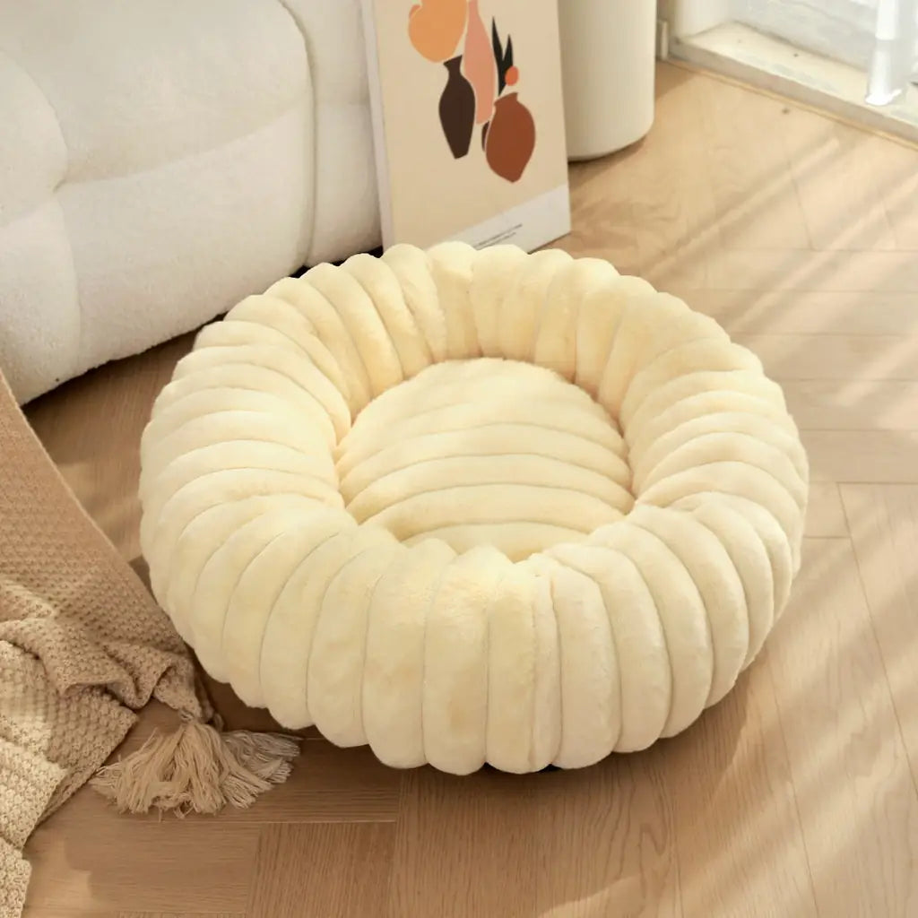 Striped Rabbit Plush Pet Bed – Round, Long-Hair, Winter Mat for Cats & Dogs
