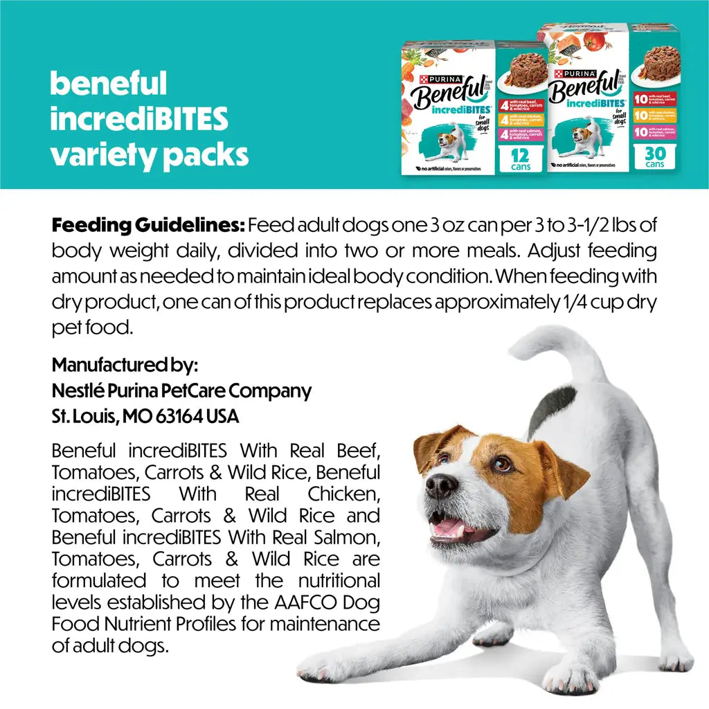 Beneful IncrediBites Small Breed Wet Dog Food | Real Beef, Chicken & Salmon in Gravy | 3 oz Cans | Variety Pack, Salmon, Chicken & Beef