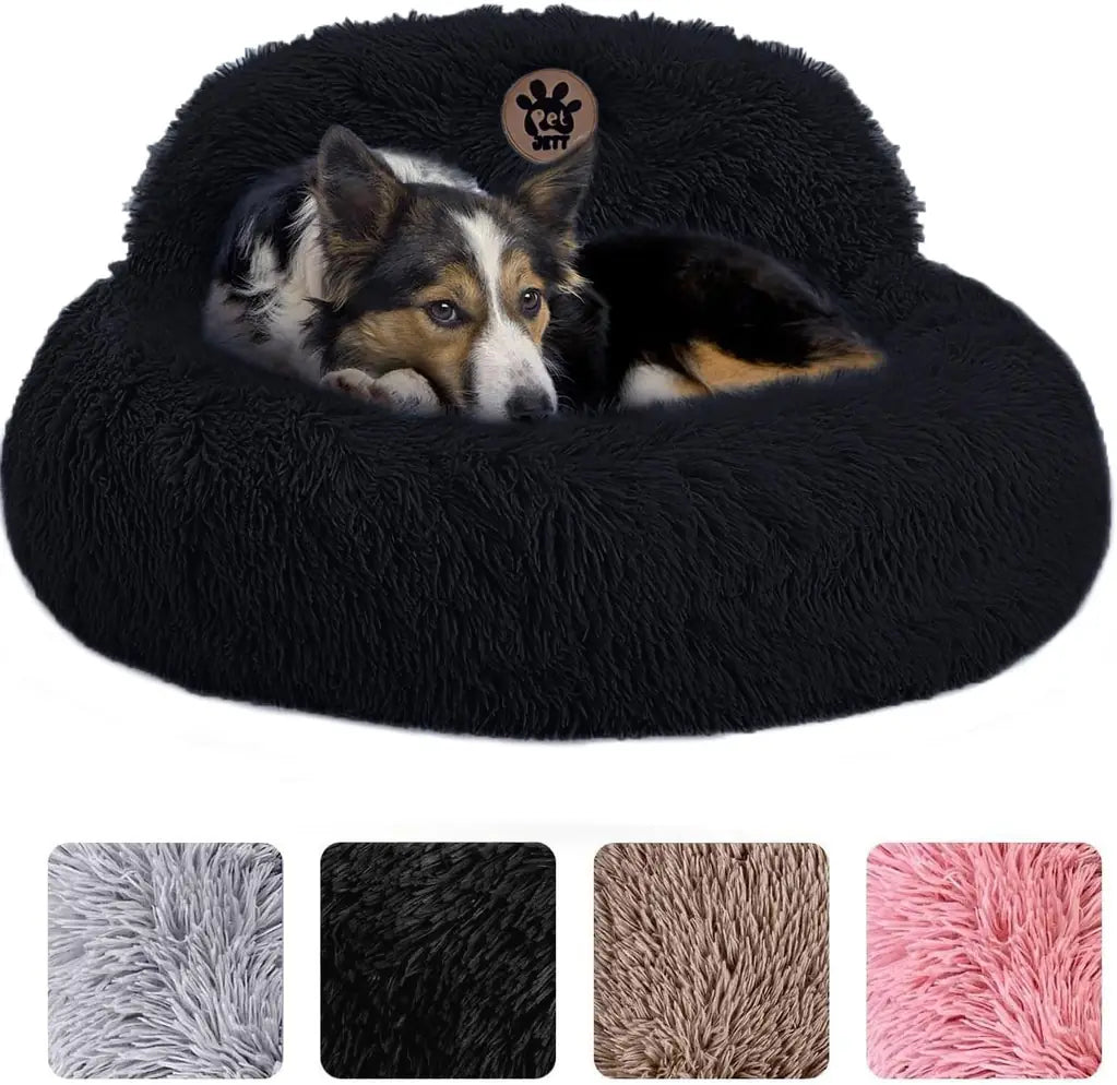 PetJett Calming Donut Dog Bed | Anti-Anxiety Faux Fur Pet Bed