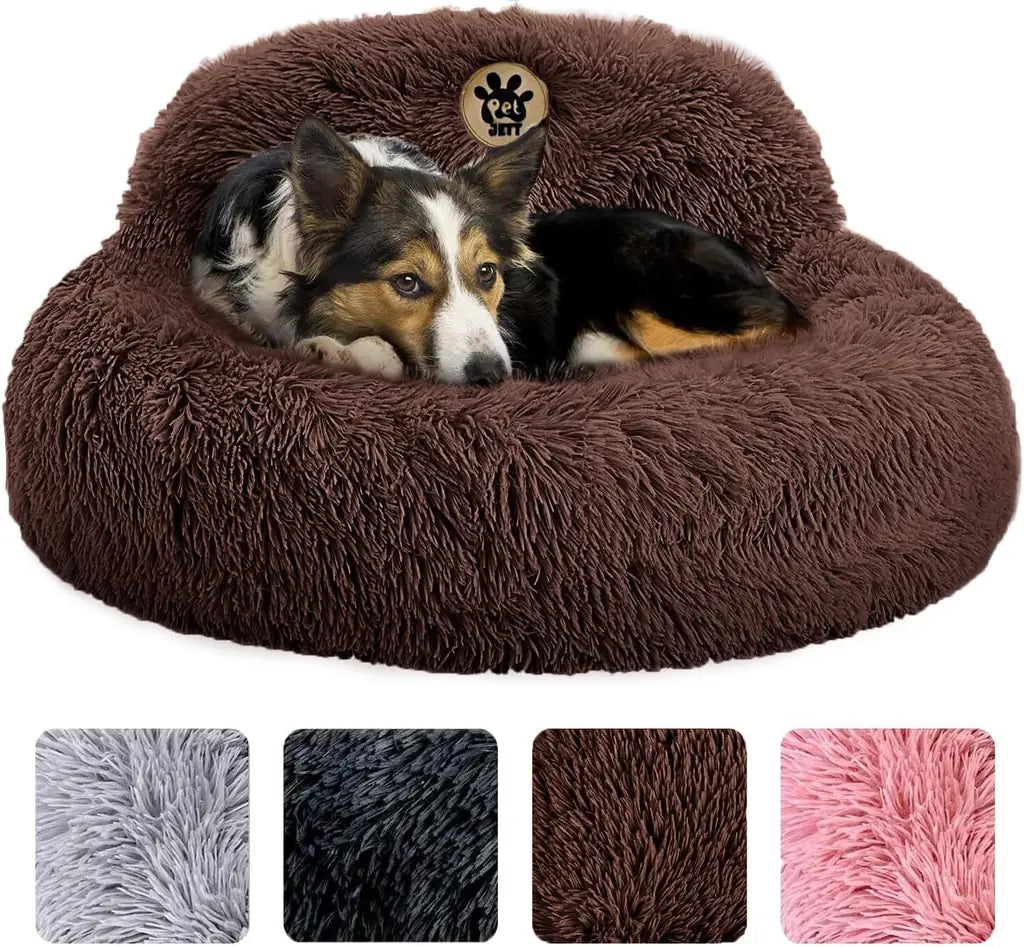 PetJett Calming Donut Dog Bed | Anti-Anxiety Faux Fur Pet Bed