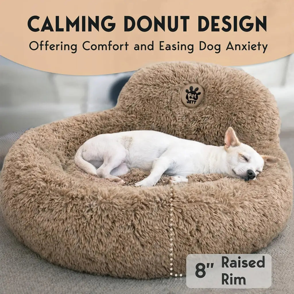 PetJett Calming Donut Dog Bed | Anti-Anxiety Faux Fur Pet Bed