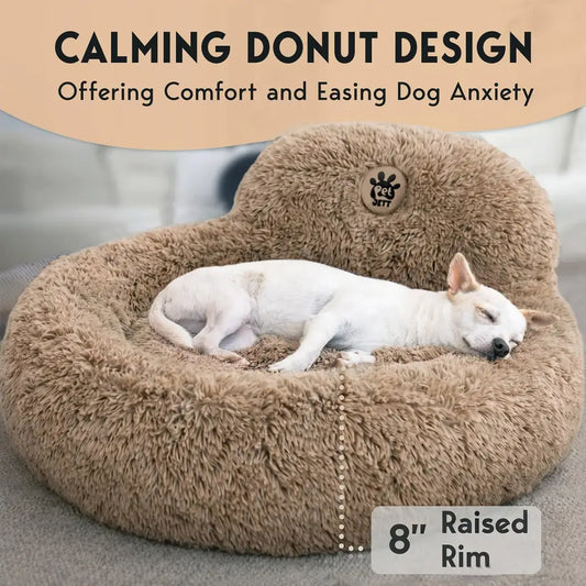 PetJett Calming Donut Dog Bed | Anti-Anxiety Faux Fur Pet Bed