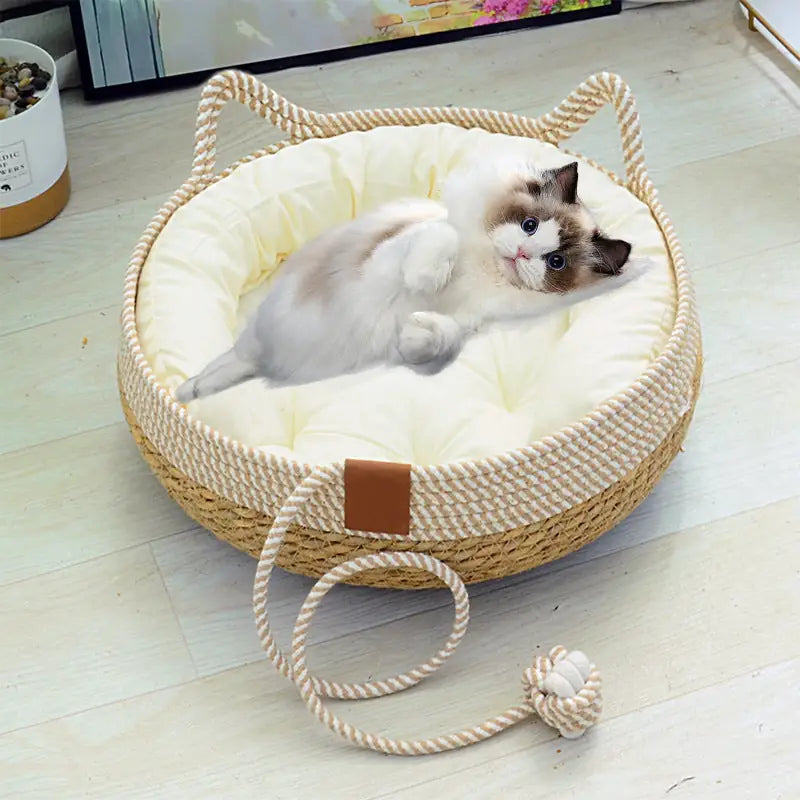 Natural Weave Cat Bed - Breathable & Cozy Pet Cushion