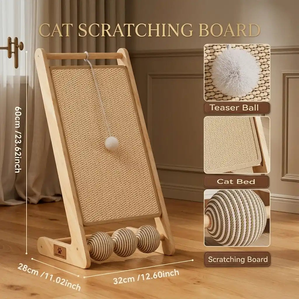 Cat Scratching Post with Sisal Rope & Teaser Balls – Wooden Frame Claw Care Toy