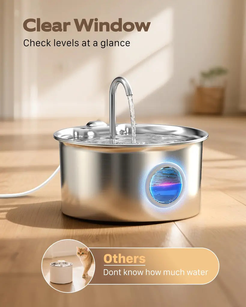 Best Cat Water Fountain for Picky Cats – 88oz Stainless Steel, LED Indicator, Quiet Pump, 4-Stage Filter