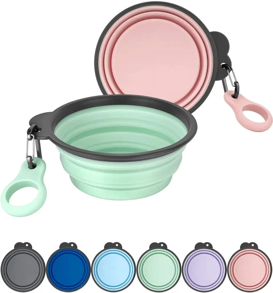 AONKEY 2 Pack Collapsible Dog Bowls with Bottle Carrier | Foldable Silicone Travel Bowls for Dogs | Small 15oz & Large 37oz