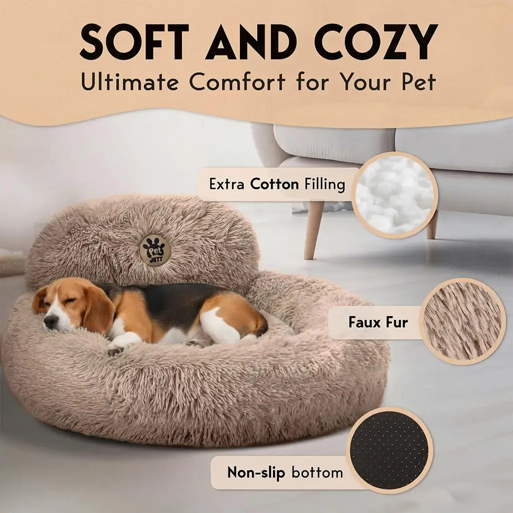 PetJett Calming Donut Dog Bed | Anti-Anxiety Faux Fur Pet Bed