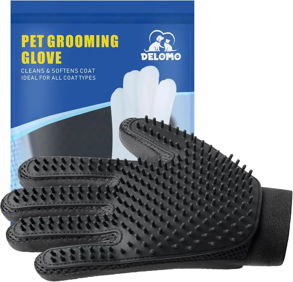 DELOMO Pet Hair Remover Glove – Five Finger Deshedding Grooming Glove for Dogs & Cats