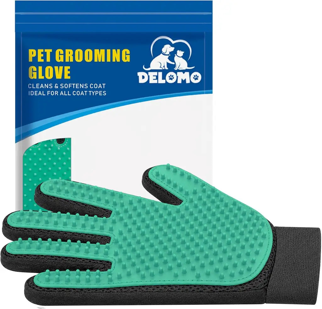 DELOMO Pet Hair Remover Glove – Five Finger Deshedding Grooming Glove for Dogs & Cats