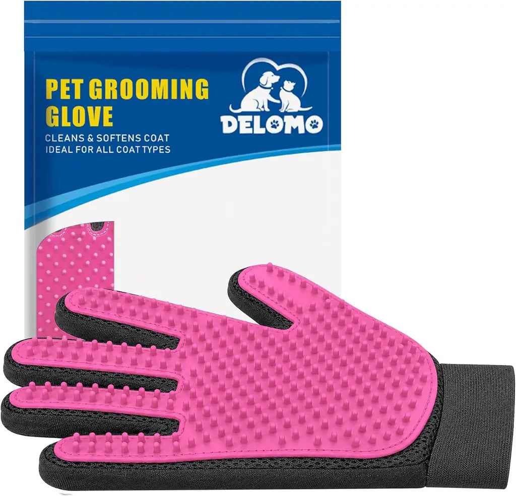 DELOMO Pet Hair Remover Glove – Five Finger Deshedding Grooming Glove for Dogs & Cats