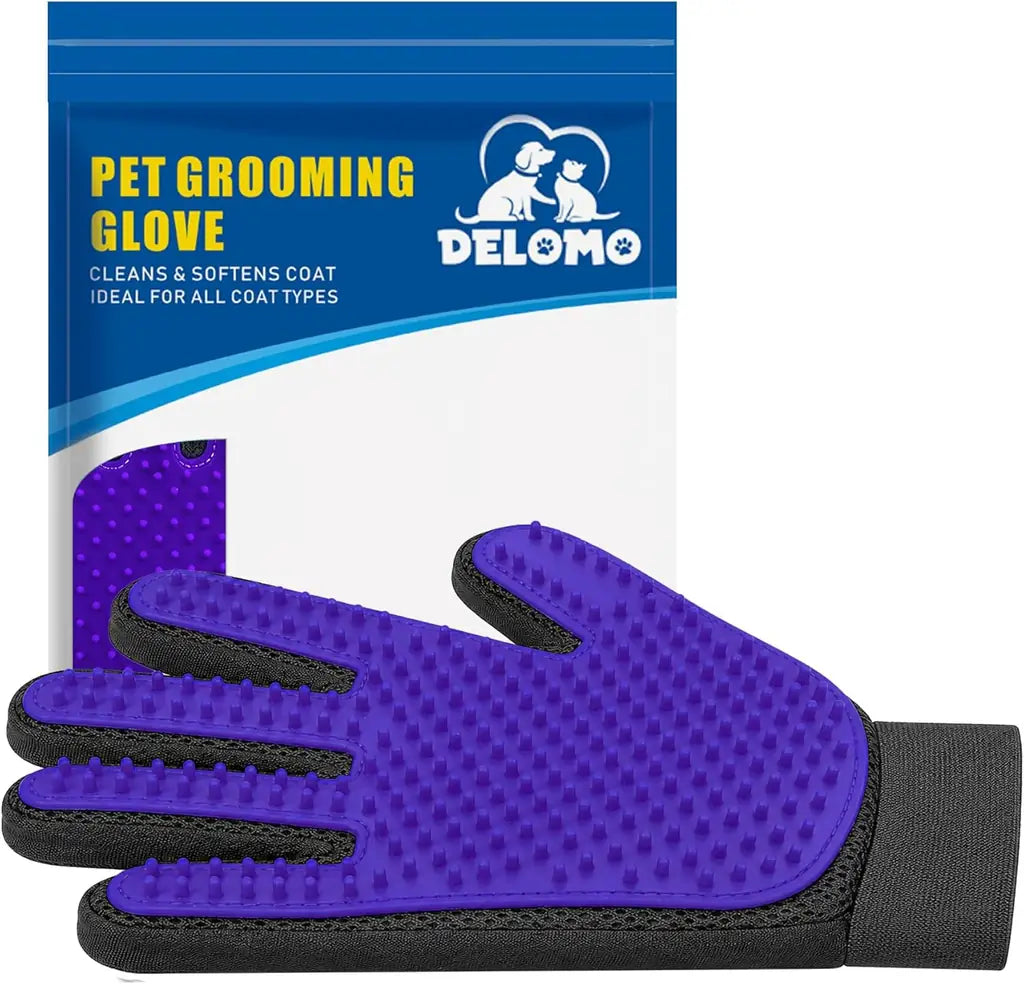 DELOMO Pet Hair Remover Glove – Five Finger Deshedding Grooming Glove for Dogs & Cats