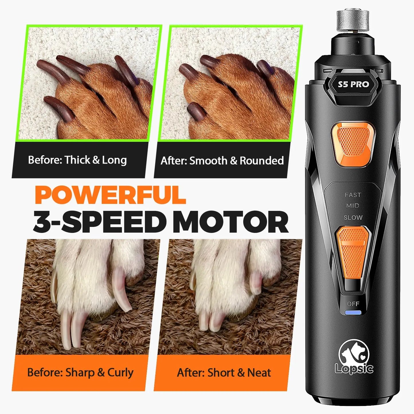 LED Dog Nail Grinder | 3-Speed Rechargeable Quiet Claw Trimmer