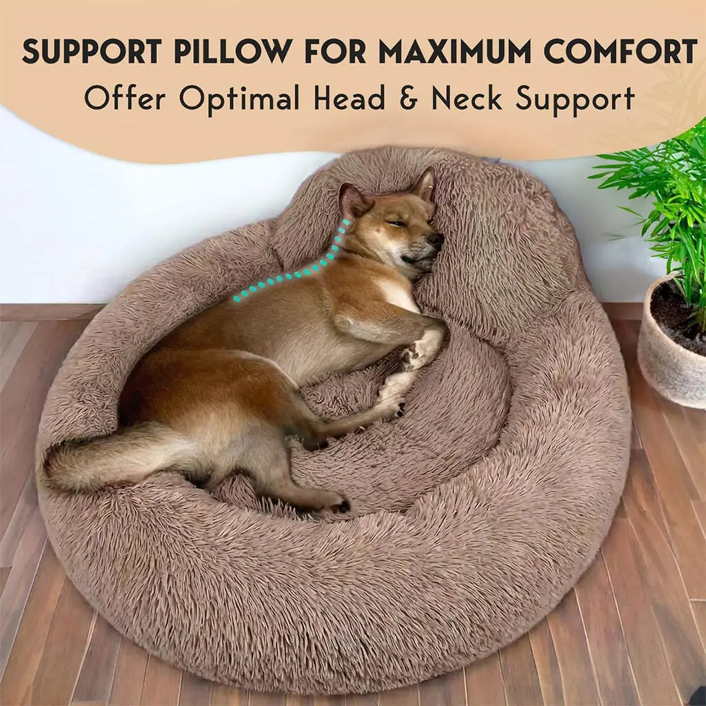 PetJett Calming Donut Dog Bed | Anti-Anxiety Faux Fur Pet Bed