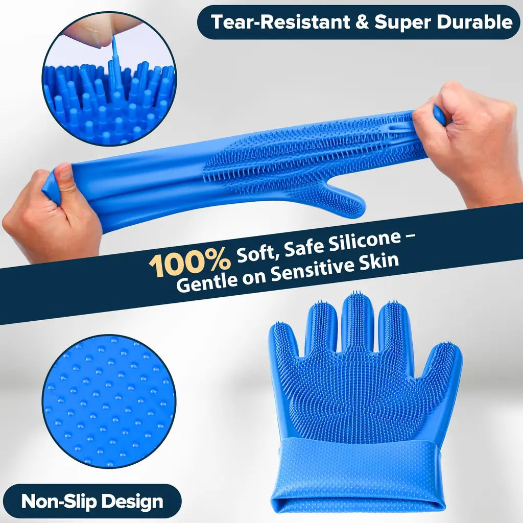 Bath Brush Finger Toothbrush for Dogs & Cats – Silicone Grooming Gloves Kit