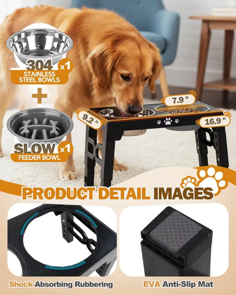 Elevated Dog Bowl Slow – Anti Bloat & Adjustable Dog Feeder