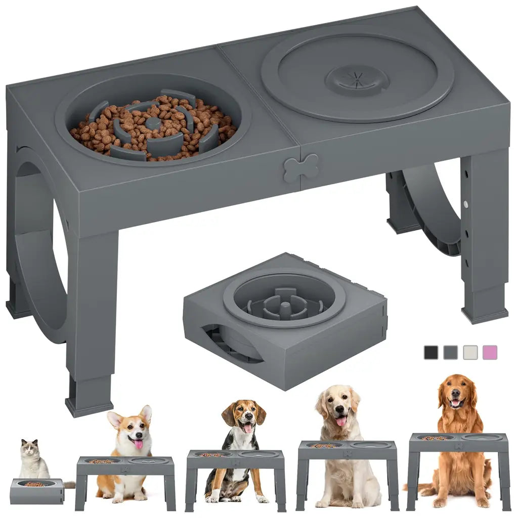 Elevated Dog Bowl Stand with Slow Feeder – 5 Adjustable Heights