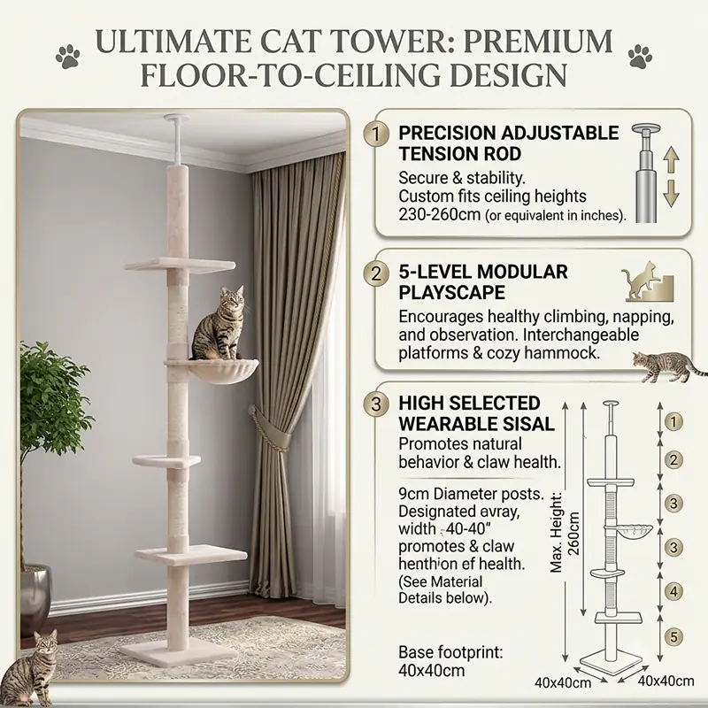 Floor-to-Ceiling Cat Tree – 5-Tier Climbing Tower with Sisal Posts