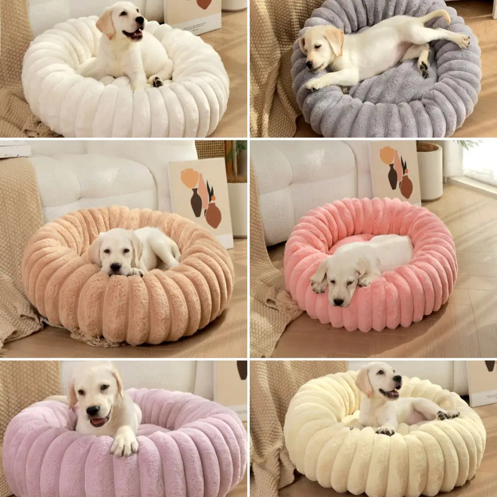 Striped Rabbit Plush Pet Bed – Round, Long-Hair, Winter Mat for Cats & Dogs