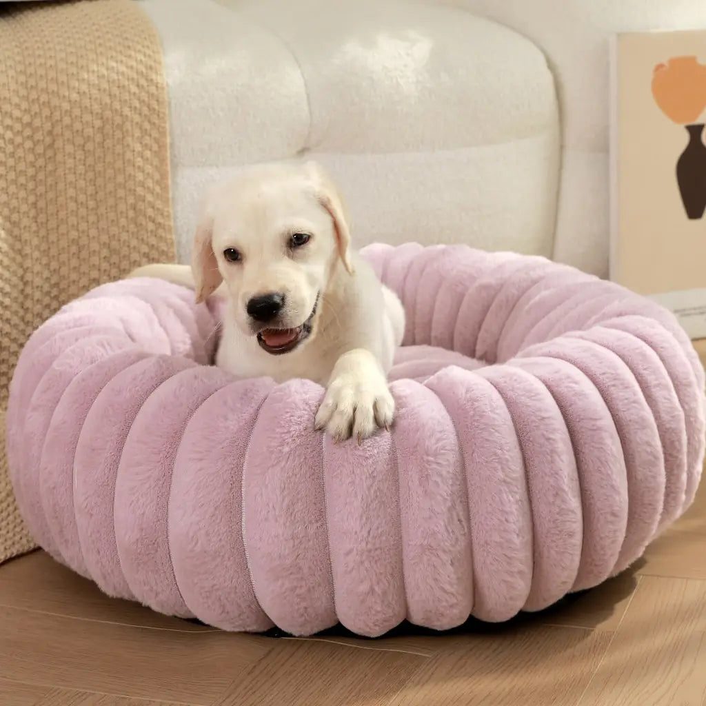 Striped Rabbit Plush Pet Bed – Round, Long-Hair, Winter Mat for Cats & Dogs