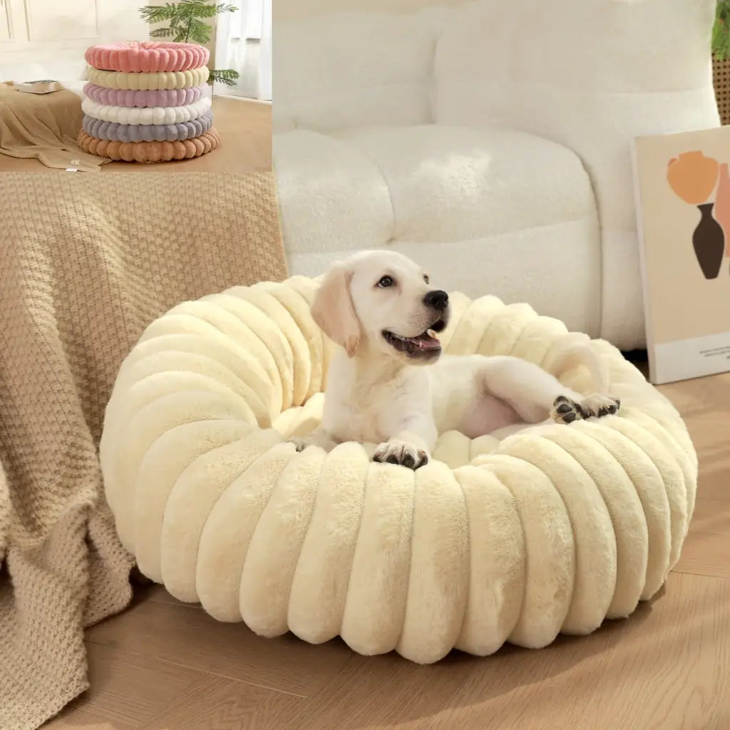 Striped Rabbit Plush Pet Bed – Round, Long-Hair, Winter Mat for Cats & Dogs