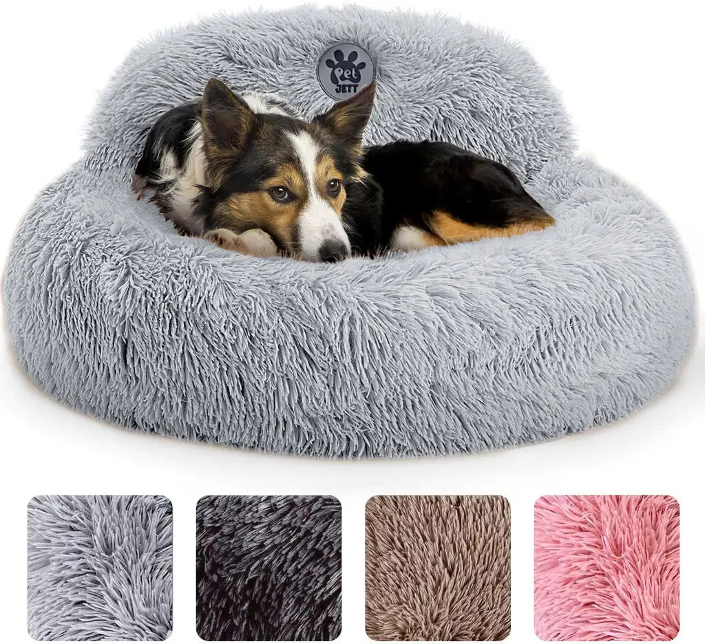 PetJett Calming Donut Dog Bed | Anti-Anxiety Faux Fur Pet Bed