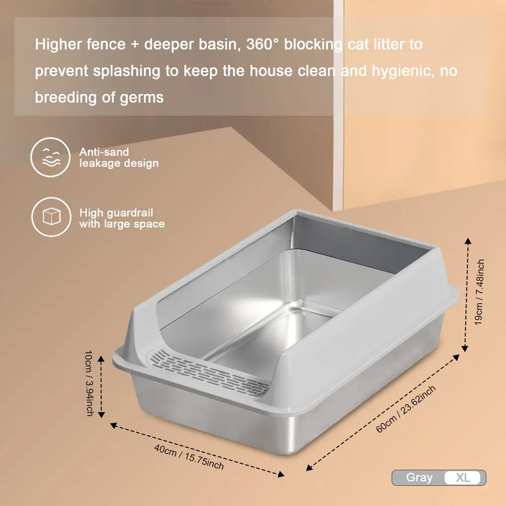 Stainless Steel Cat Litter Box – Splash-Proof, Large & XL Sizes