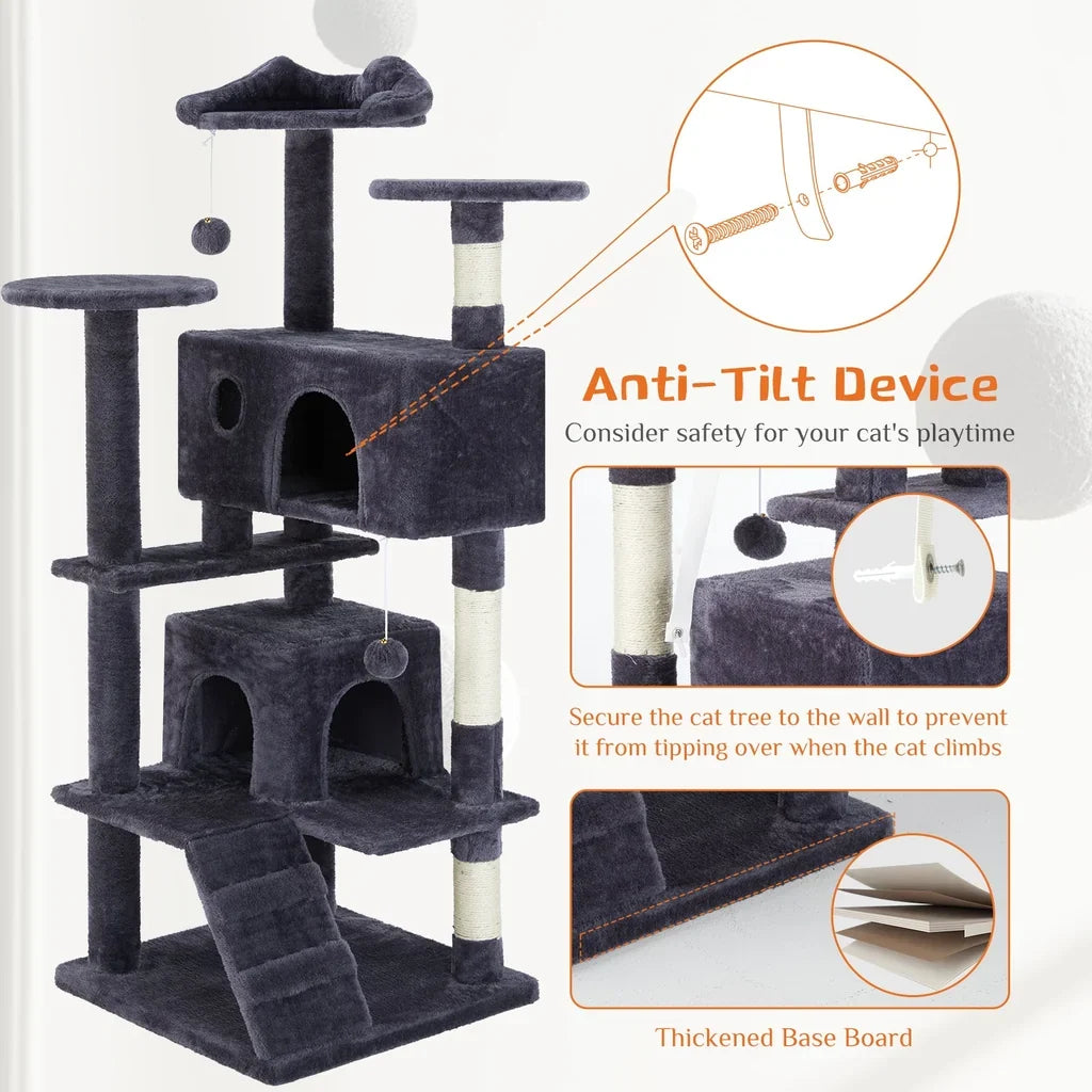 54-Inch Multi-Level Cat Tree with Condos & Sisal Posts