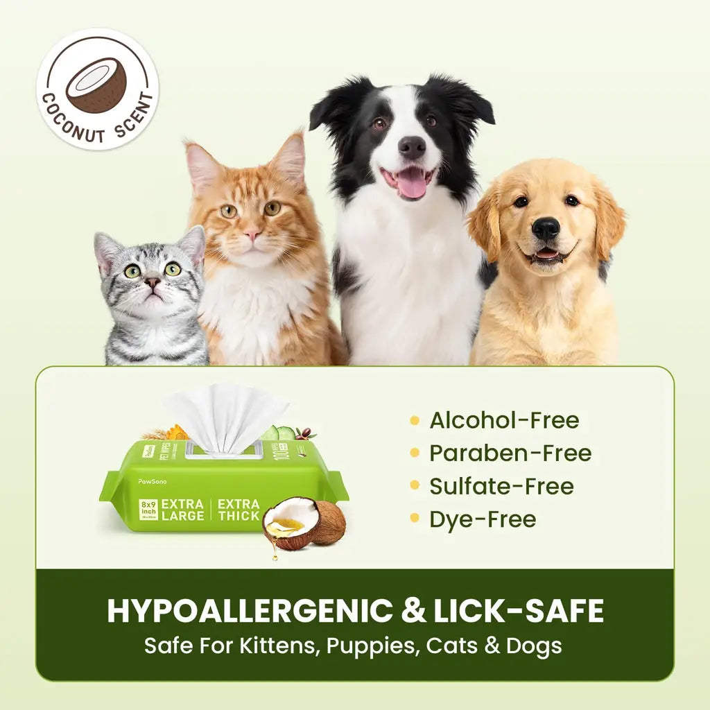 PawSono Hypoallergenic Pet Wipes for Dogs & Cats | Extra Large, Lick-Safe | Coconut Scented