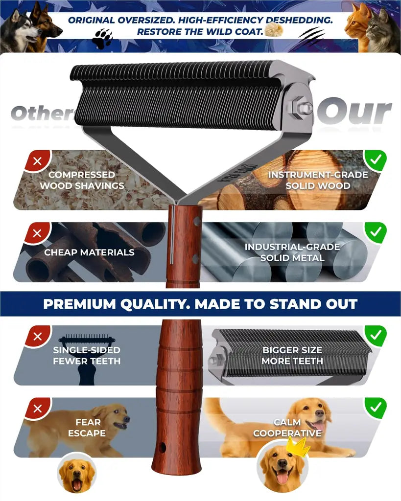 Extra Large 2-Sided Undercoat Rake for Dogs & Cats – Dematting Comb, Deshedding Brush, Premium Wooden Handle