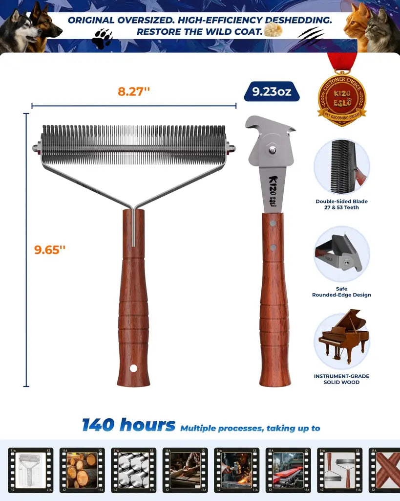 Extra Large 2-Sided Undercoat Rake for Dogs & Cats – Dematting Comb, Deshedding Brush, Premium Wooden Handle
