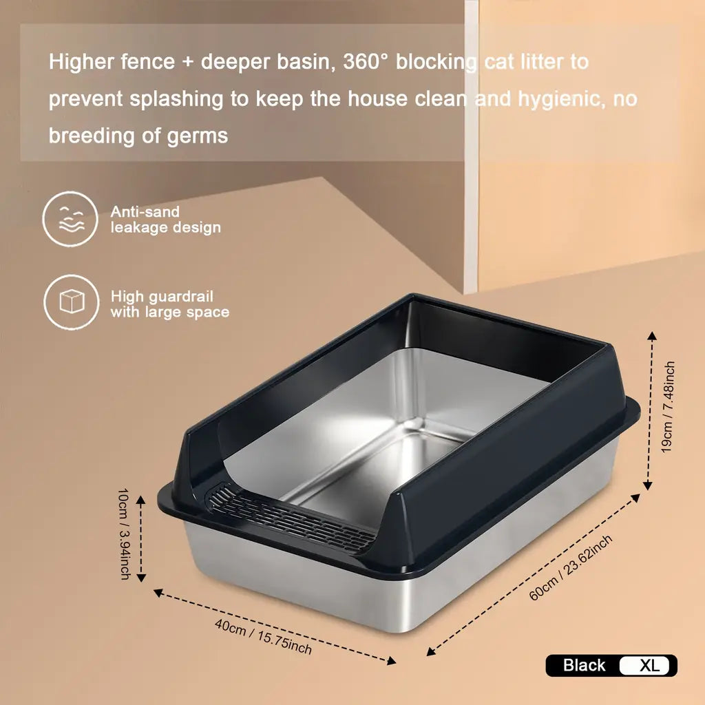 Stainless Steel Cat Litter Box – Splash-Proof, Large & XL Sizes