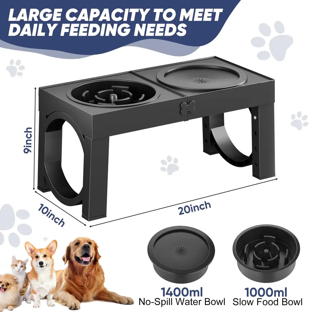 Elevated Dog Bowl Stand with Slow Feeder – 5 Adjustable Heights